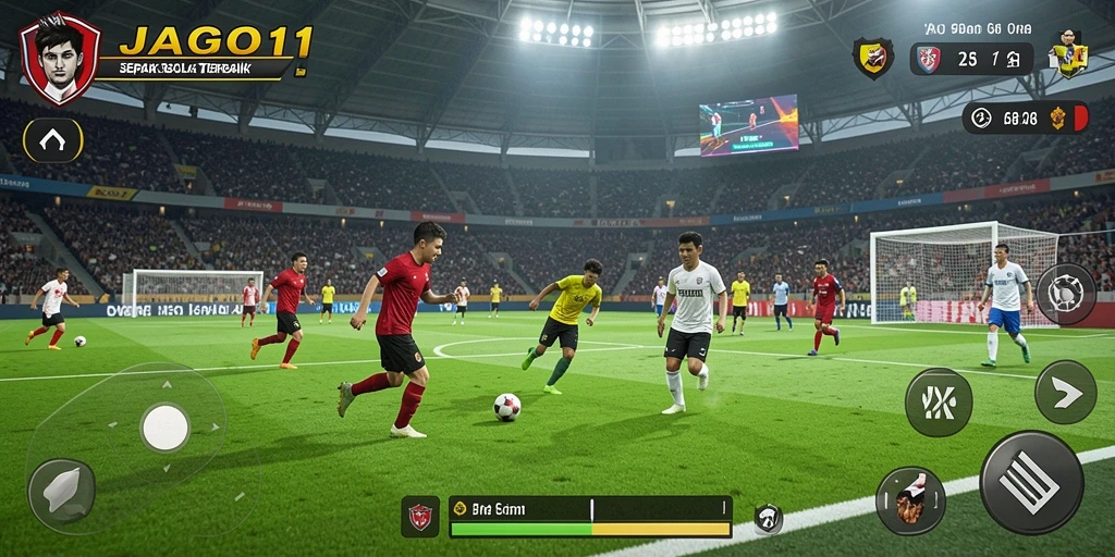 Tampilan gameplay JAGO11 dengan aksi seru dan strategi sepak bola yang mendebarkan.
